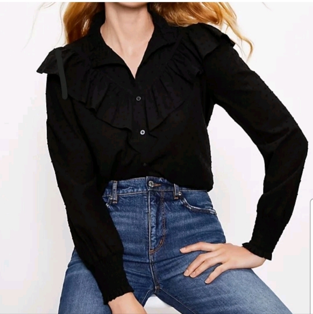 Loft Black Swiss Dot Ruffle Trim Long Balloon Sleeve Blouse Regencycore Size M
